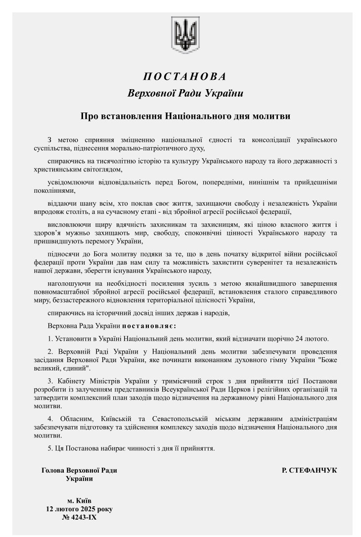 Resolution of the Verkhovna Rada of Ukraine on establishing the National Day of Prayer